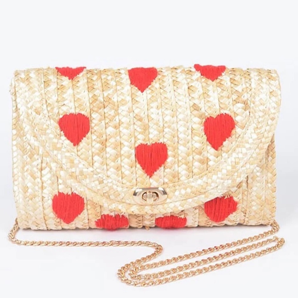 Straw Clutch with Red Heart Accents